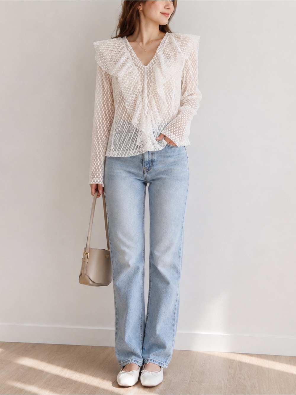 Maje Lace Overlay Top with Shoulder Pads